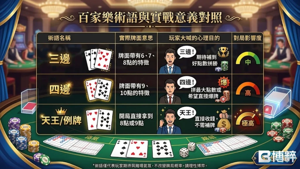 百家樂術語與實戰開牌對照圖,解析天生贏家、例牌與常見百家樂打法特殊稱呼。