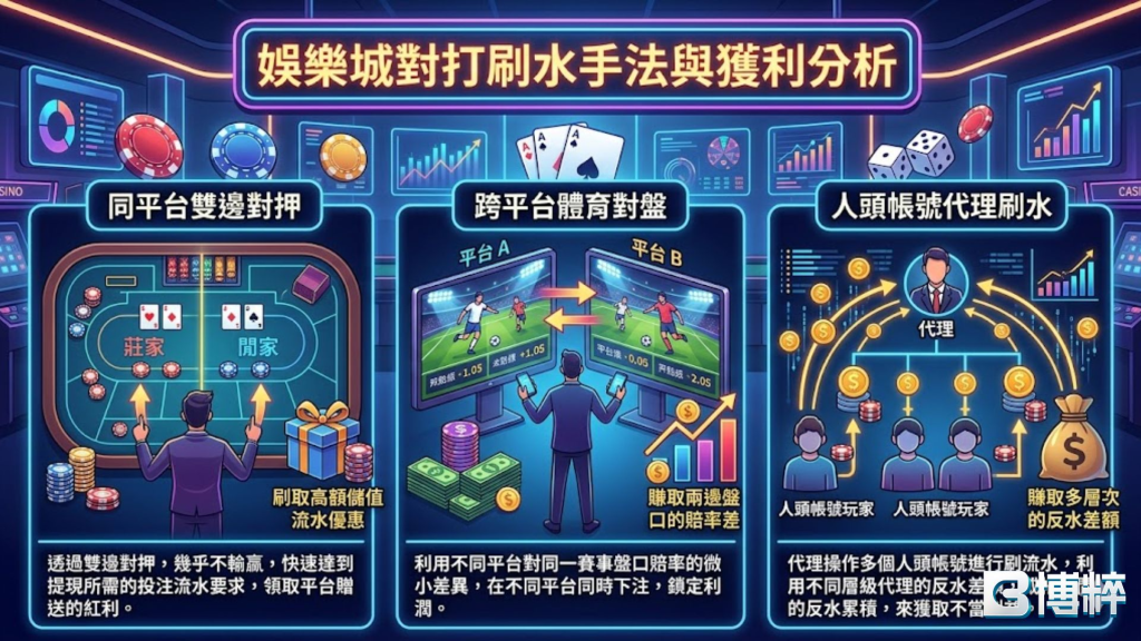 娛樂城對打刷水手法與黑幕套利分析圖,拆解同平台雙邊對押、跨平台套利與人頭帳號群控洗碼的期望值陷阱。