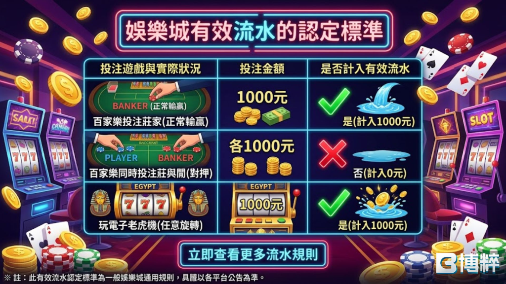 娛樂城有效流水認定標準表格,橫向對比百家樂正常雙邊、對打無效流水與電子老虎機的水錢退水認定。