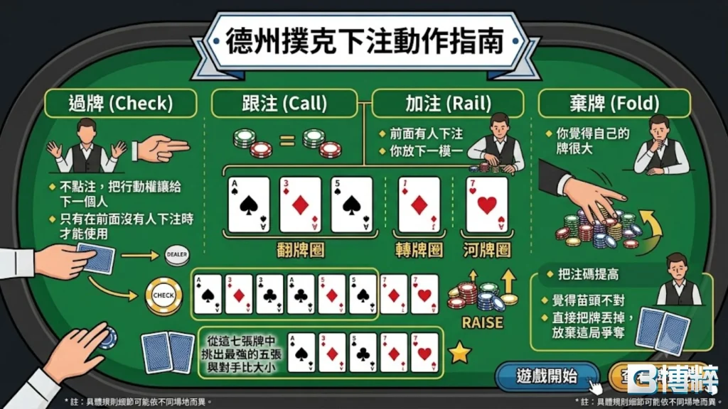 德州撲克下注動作指南表格,拆解過牌Check、跟注Call、加注Raise與蓋牌Fold的玩家行動規則。