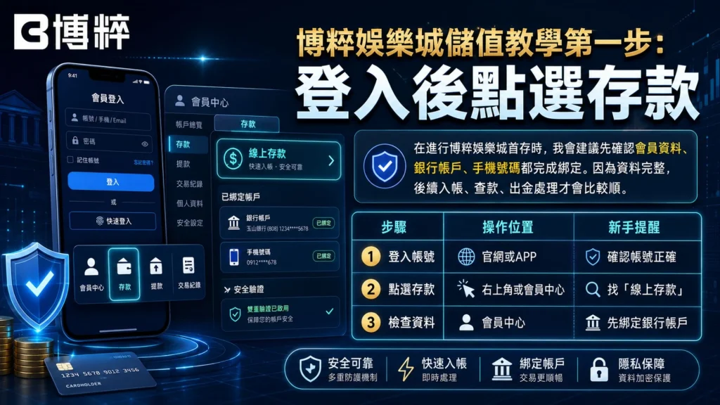 博粹娛樂城儲值教學第一步,登入會員帳戶並點選存款按鈕教學。