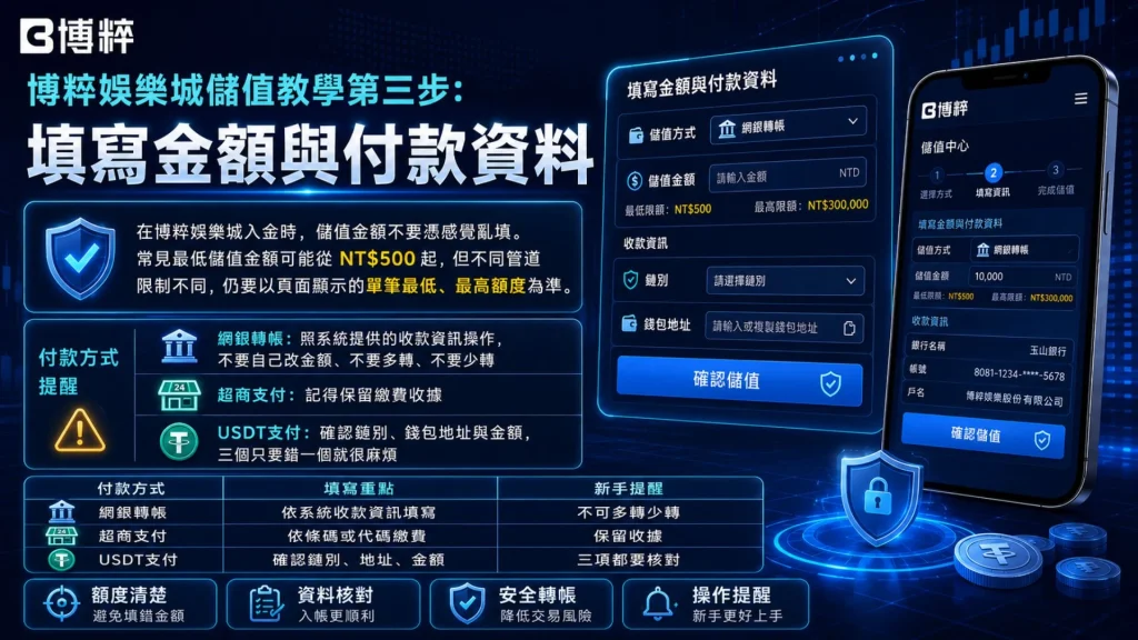 娛樂城入金填寫存款金額與個人付款帳戶資料確認介面。