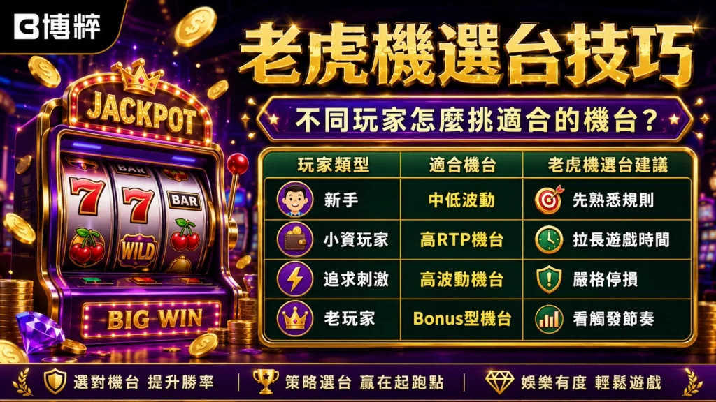 老虎機選台技巧圖表,包含不同玩家類型適合的線上老虎機選台指南。